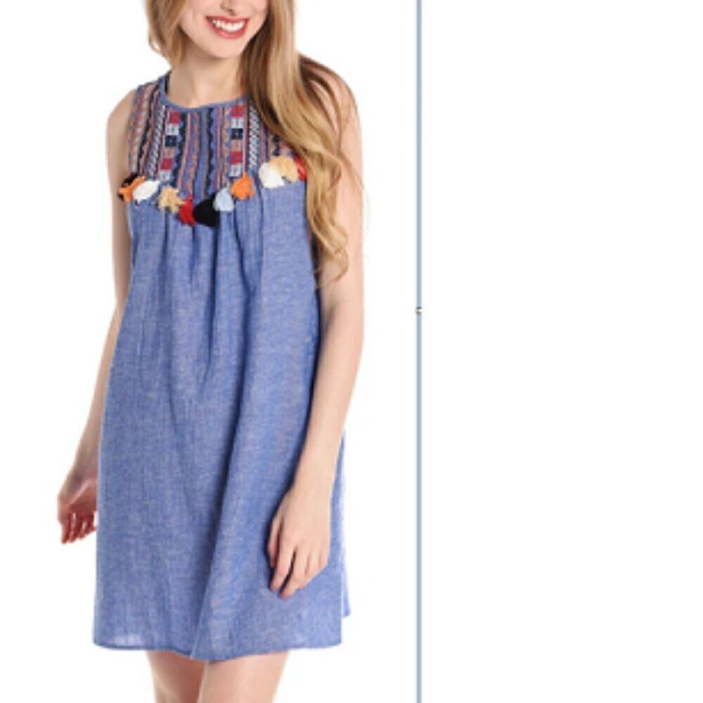 THML Size S Blue Sleeveless Multicolor Tassle Embroidered Shift Dress, EUC
